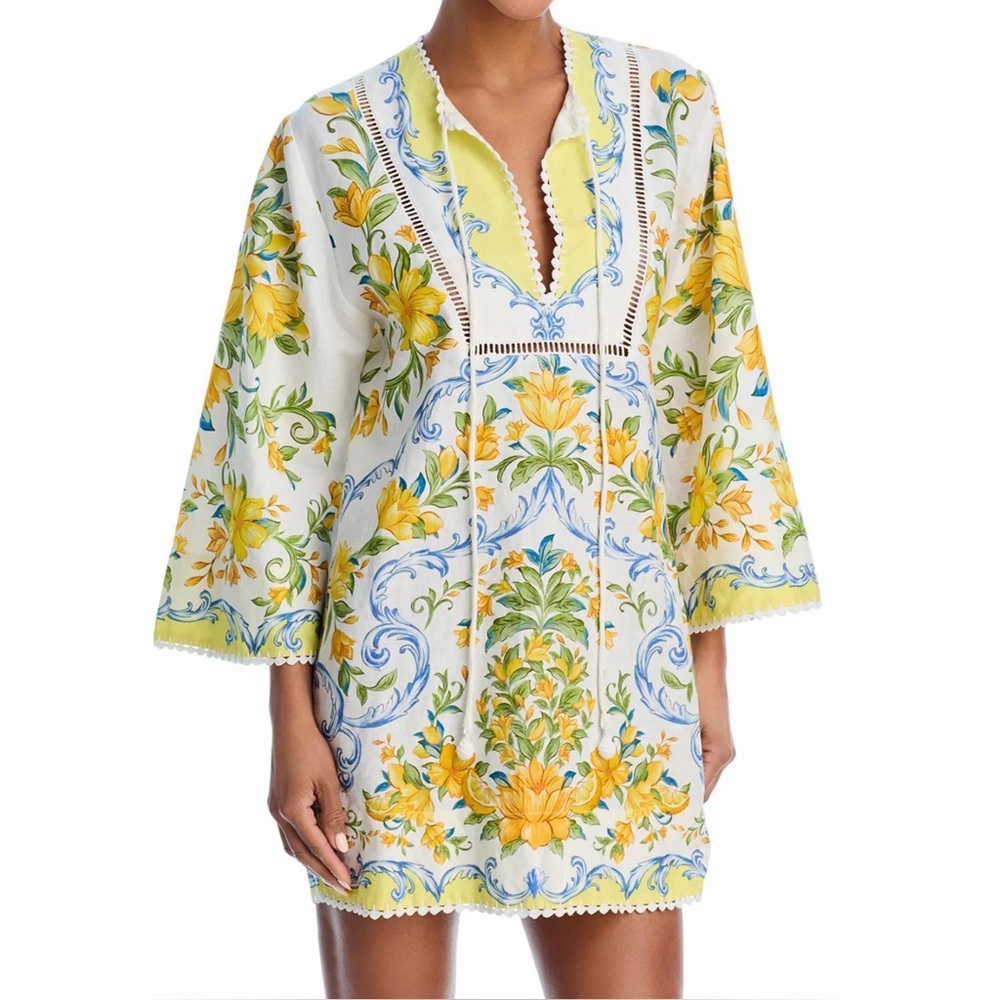 Farm Rio Sicily Scarf Lemon Print Mini Dress Yellow Fruit Floral Linen L